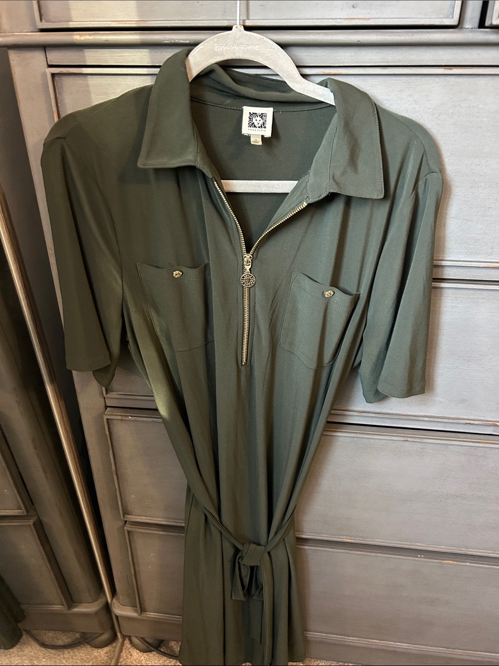 Anne Klein Olive Zip-Front Midi Shirt Dress